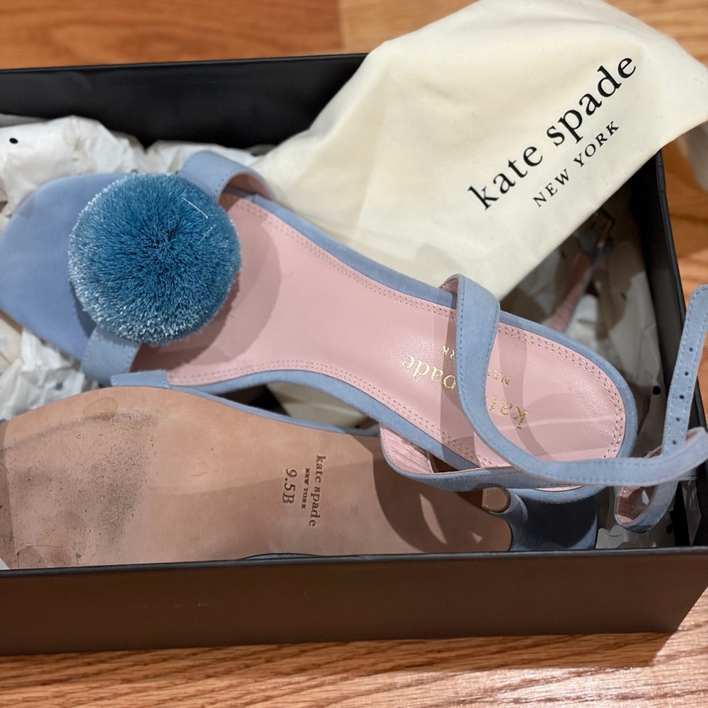 Kate Spade Blue Heeled Sandals with Pom Pom